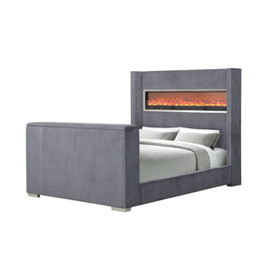 English Elm Black Eastern King Platform Bed Wingback Headboard with Motorized Tv Lift Fireplace Gray,Multi B2741S00800
