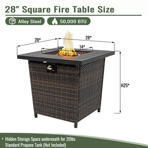 English Elm 28" 28inch Propane Fire Pit Table 50000 BTU Square Steel Outdoor Patio Table with Rocks Lid Black Brown W853102854