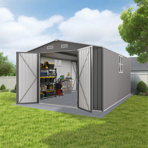 English Elm 10x14 Ft Galvanized Steel Outdoor Storage Shed with Lockable Doors and Vented Window W3213S00004