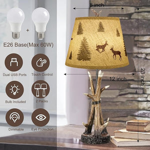 English Elm Farmhouse Deer Antler Table Lamps Set of 2 — Rustic Touch Dimmable Nightstand Lamps with Dual USB Ports W3355P391473