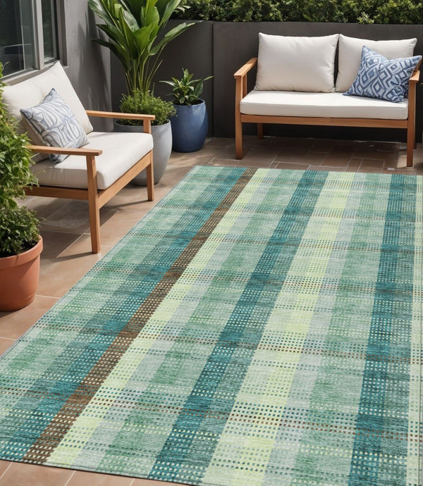 HomeRoots 5' Sage Mint Green and Teal Blue Plaid Washable Area Rug for Indoor and Outdoor Durability and Style 5' X 8' 614006