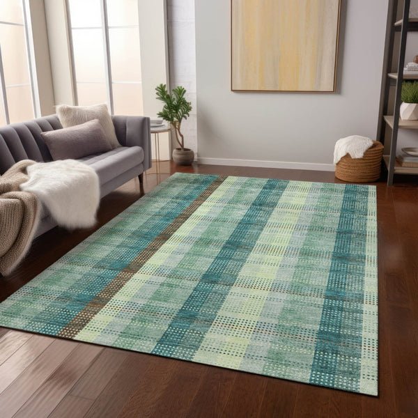 HomeRoots 5' Sage Mint Green and Teal Blue Plaid Washable Area Rug for Indoor and Outdoor Durability and Style 5' X 8' 614006