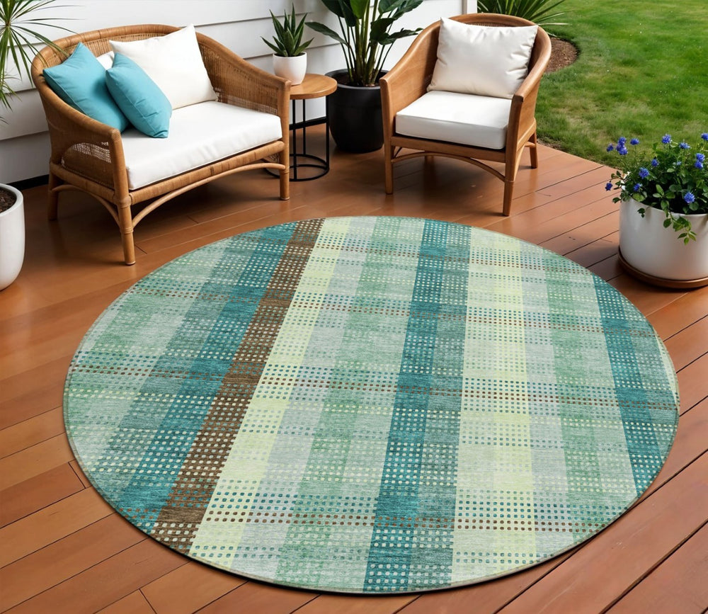 HomeRoots 5' Sage Mint Green and Teal Blue Plaid Washable Area Rug for Indoor and Outdoor Durability and Style 8' Round 614007