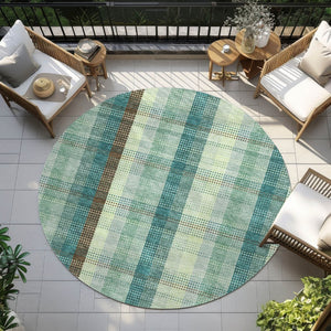 HomeRoots 5' Sage Mint Green and Teal Blue Plaid Washable Area Rug for Indoor and Outdoor Durability and Style 8' Round 614007
