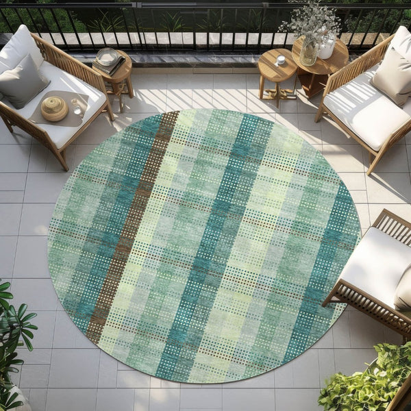 HomeRoots 5' Sage Mint Green and Teal Blue Plaid Washable Area Rug for Indoor and Outdoor Durability and Style 8' Round 614007