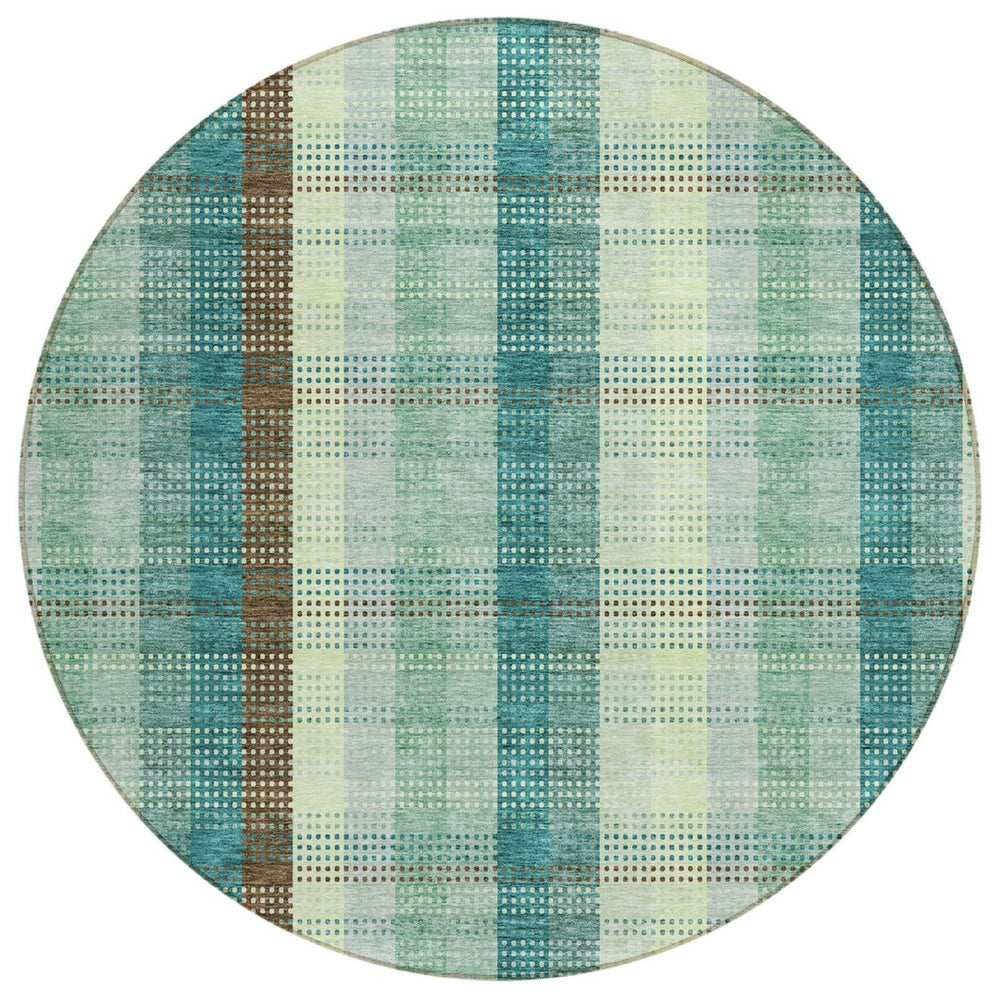 HomeRoots 5' Sage Mint Green and Teal Blue Plaid Washable Area Rug for Indoor and Outdoor Durability and Style 8' Round 614007