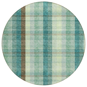 HomeRoots 5' Sage Mint Green and Teal Blue Plaid Washable Area Rug for Indoor and Outdoor Durability and Style 8' Round 614007