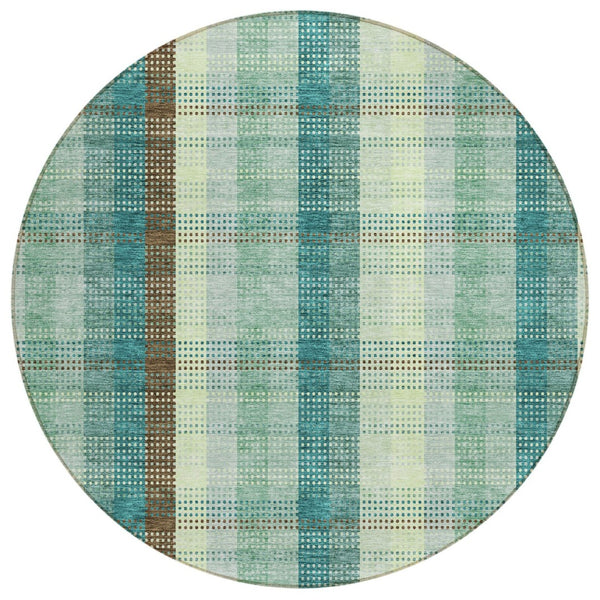 HomeRoots 5' Sage Mint Green and Teal Blue Plaid Washable Area Rug for Indoor and Outdoor Durability and Style 8' Round 614007