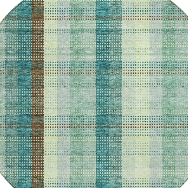 HomeRoots 5' Sage Mint Green and Teal Blue Plaid Washable Area Rug for Indoor and Outdoor Durability and Style 8' Round 614007