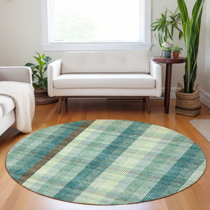 HomeRoots 5' Sage Mint Green and Teal Blue Plaid Washable Area Rug for Indoor and Outdoor Durability and Style 8' Round 614007