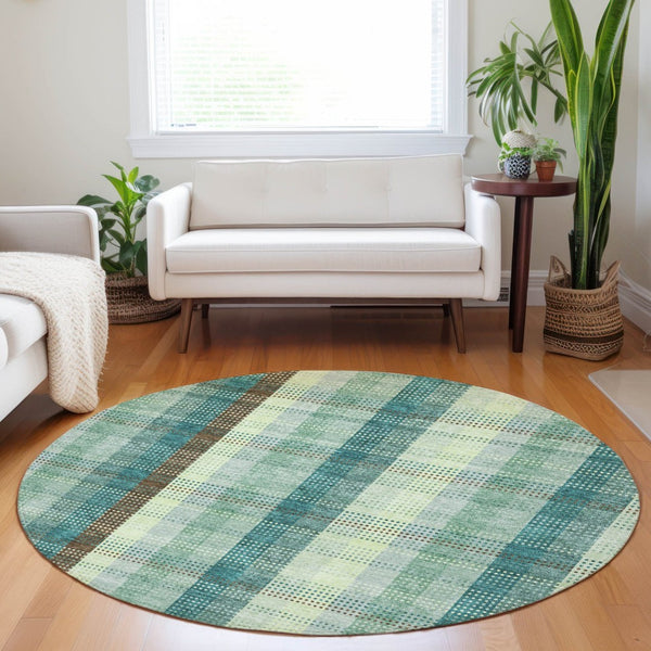 HomeRoots 5' Sage Mint Green and Teal Blue Plaid Washable Area Rug for Indoor and Outdoor Durability and Style 8' Round 614007