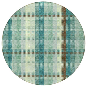 HomeRoots 5' Sage Mint Green and Teal Blue Plaid Washable Area Rug for Indoor and Outdoor Durability and Style 8' Round 614007