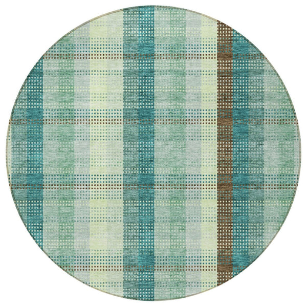 HomeRoots 5' Sage Mint Green and Teal Blue Plaid Washable Area Rug for Indoor and Outdoor Durability and Style 8' Round 614007