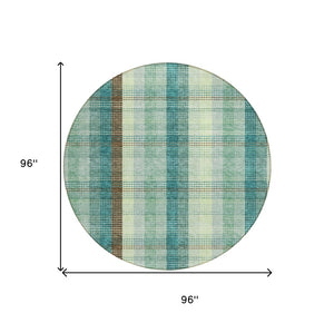HomeRoots 5' Sage Mint Green and Teal Blue Plaid Washable Area Rug for Indoor and Outdoor Durability and Style 8' Round 614007