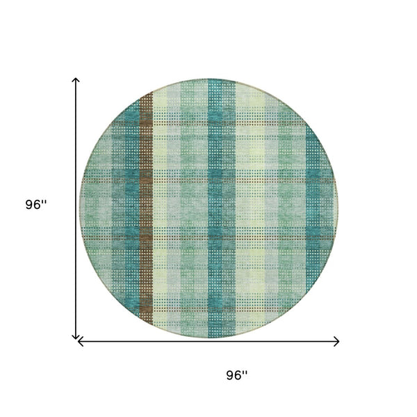 HomeRoots 5' Sage Mint Green and Teal Blue Plaid Washable Area Rug for Indoor and Outdoor Durability and Style 8' Round 614007