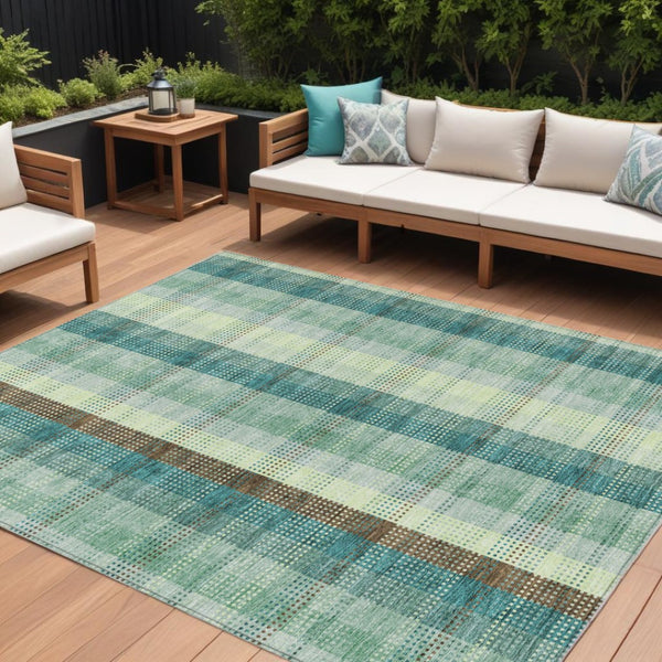 HomeRoots 5' Sage Mint Green and Teal Blue Plaid Washable Area Rug for Indoor and Outdoor Durability and Style 9' X 12' 614009