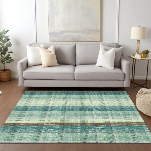 HomeRoots 5' Sage Mint Green and Teal Blue Plaid Washable Area Rug for Indoor and Outdoor Durability and Style 10' X 14' 614010