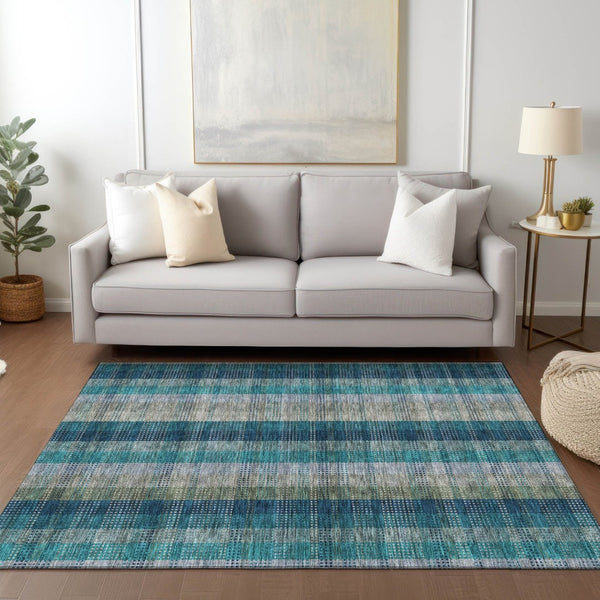 HomeRoots 5' Timeless Plaid Indoor Outdoor Area Rug in Teal, Navy, and Olive - Washable, Durable, Perfect Fit! 5' X 8' 614018