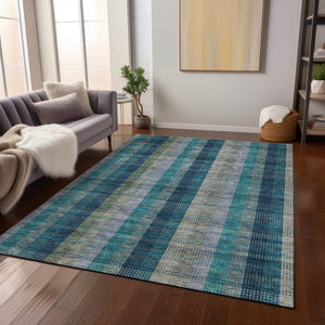 HomeRoots 5' Timeless Plaid Indoor Outdoor Area Rug in Teal, Navy, and Olive - Washable, Durable, Perfect Fit! 5' X 8' 614018