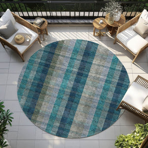 HomeRoots 5' Timeless Plaid Indoor Outdoor Area Rug in Teal, Navy, and Olive - Washable, Durable, Perfect Fit! 8' Round 614019
