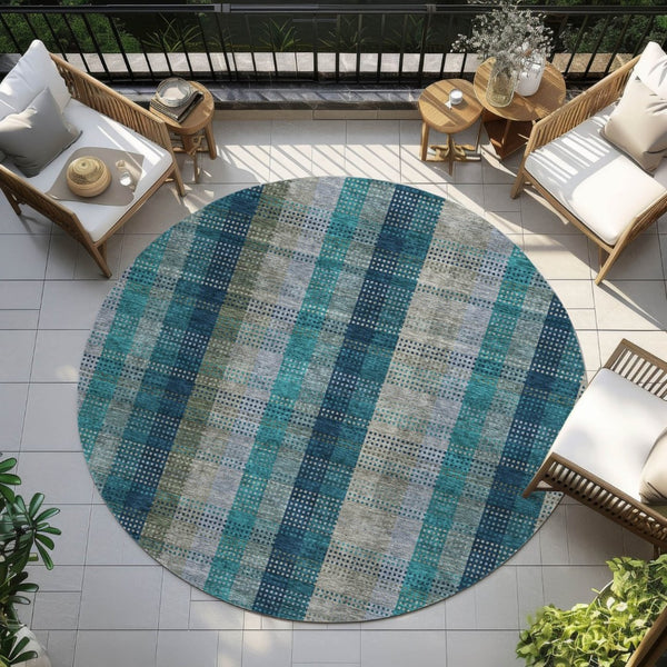 HomeRoots 5' Timeless Plaid Indoor Outdoor Area Rug in Teal, Navy, and Olive - Washable, Durable, Perfect Fit! 8' Round 614019