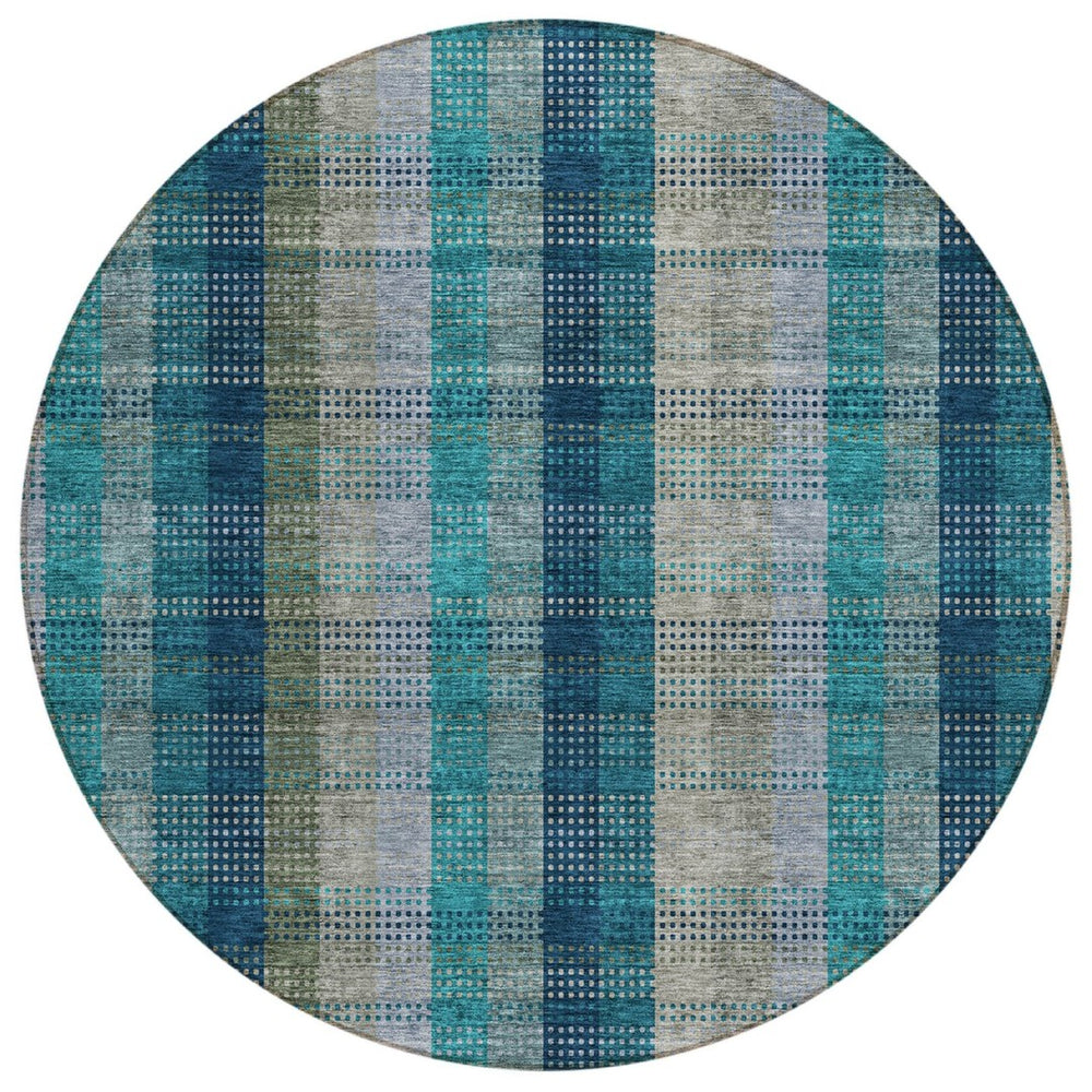 HomeRoots 5' Timeless Plaid Indoor Outdoor Area Rug in Teal, Navy, and Olive - Washable, Durable, Perfect Fit! 8' Round 614019