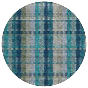 HomeRoots 5' Timeless Plaid Indoor Outdoor Area Rug in Teal, Navy, and Olive - Washable, Durable, Perfect Fit! 8' Round 614019