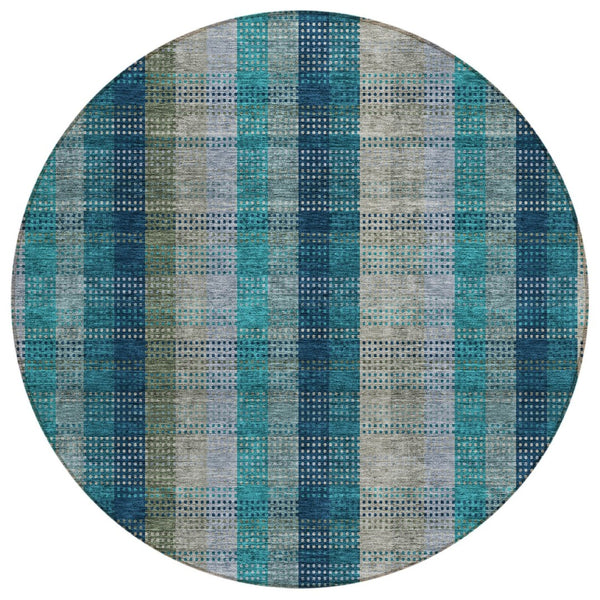 HomeRoots 5' Timeless Plaid Indoor Outdoor Area Rug in Teal, Navy, and Olive - Washable, Durable, Perfect Fit! 8' Round 614019
