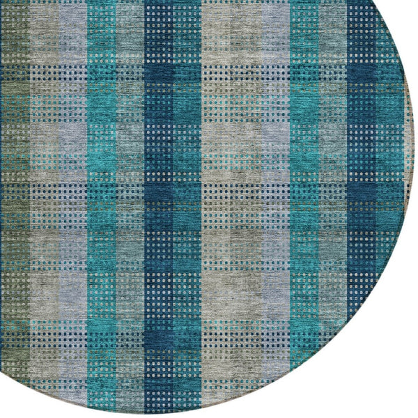 HomeRoots 5' Timeless Plaid Indoor Outdoor Area Rug in Teal, Navy, and Olive - Washable, Durable, Perfect Fit! 8' Round 614019