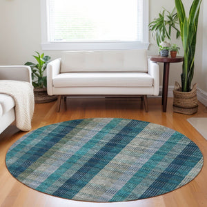 HomeRoots 5' Timeless Plaid Indoor Outdoor Area Rug in Teal, Navy, and Olive - Washable, Durable, Perfect Fit! 8' Round 614019