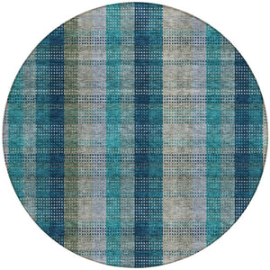HomeRoots 5' Timeless Plaid Indoor Outdoor Area Rug in Teal, Navy, and Olive - Washable, Durable, Perfect Fit! 8' Round 614019