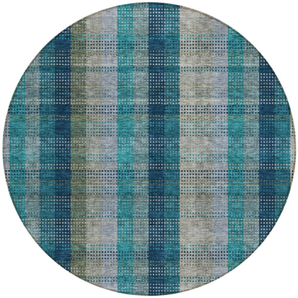 HomeRoots 5' Timeless Plaid Indoor Outdoor Area Rug in Teal, Navy, and Olive - Washable, Durable, Perfect Fit! 8' Round 614019