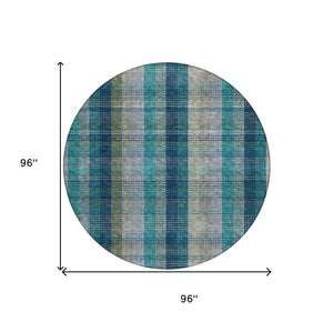 HomeRoots 5' Timeless Plaid Indoor Outdoor Area Rug in Teal, Navy, and Olive - Washable, Durable, Perfect Fit! 8' Round 614019
