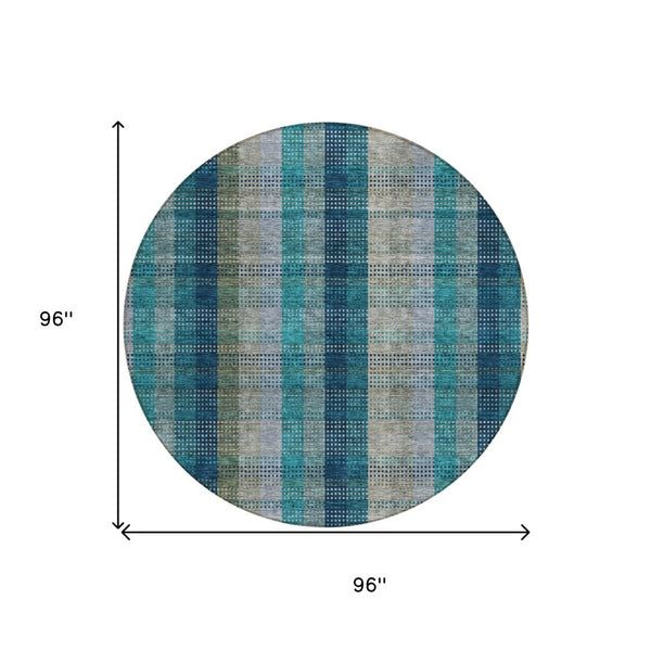 HomeRoots 5' Timeless Plaid Indoor Outdoor Area Rug in Teal, Navy, and Olive - Washable, Durable, Perfect Fit! 8' Round 614019