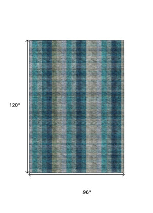 HomeRoots 5' Timeless Plaid Indoor Outdoor Area Rug in Teal, Navy, and Olive - Washable, Durable, Perfect Fit! 8' X 10' 614020