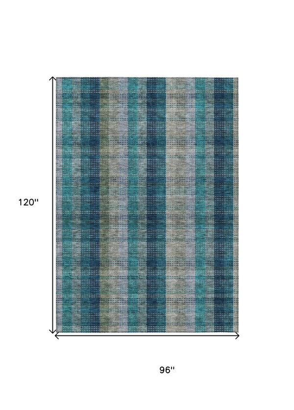 HomeRoots 5' Timeless Plaid Indoor Outdoor Area Rug in Teal, Navy, and Olive - Washable, Durable, Perfect Fit! 8' X 10' 614020