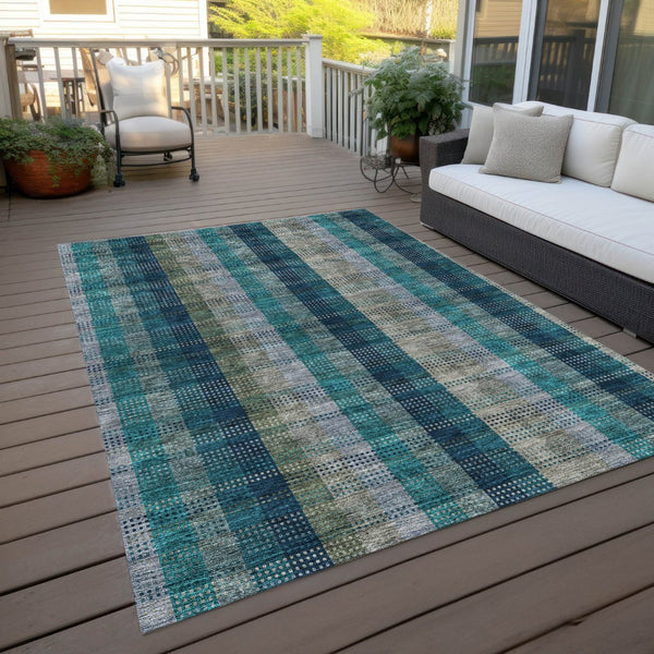 HomeRoots 5' Timeless Plaid Indoor Outdoor Area Rug in Teal, Navy, and Olive - Washable, Durable, Perfect Fit! 8' X 10' 614020
