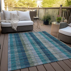 HomeRoots 5' Timeless Plaid Indoor Outdoor Area Rug in Teal, Navy, and Olive - Washable, Durable, Perfect Fit! 8' X 10' 614020
