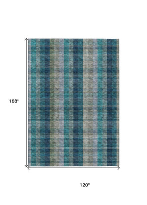 HomeRoots 5' Timeless Plaid Indoor Outdoor Area Rug in Teal, Navy, and Olive - Washable, Durable, Perfect Fit! 10' X 14' 614022