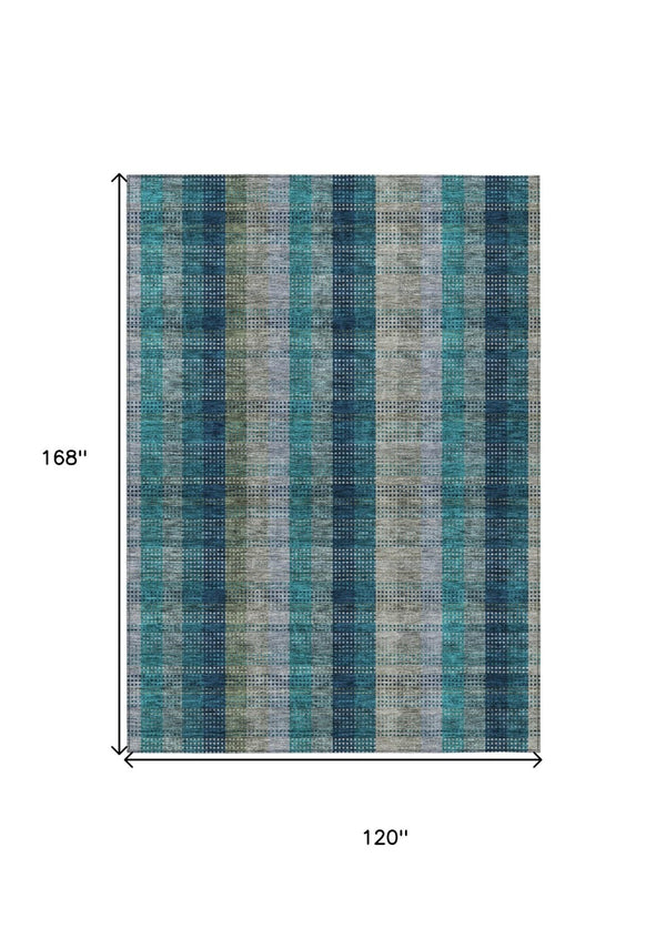 HomeRoots 5' Timeless Plaid Indoor Outdoor Area Rug in Teal, Navy, and Olive - Washable, Durable, Perfect Fit! 10' X 14' 614022