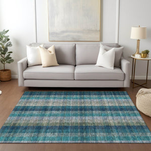 HomeRoots 5' Timeless Plaid Indoor Outdoor Area Rug in Teal, Navy, and Olive - Washable, Durable, Perfect Fit! 10' X 14' 614022