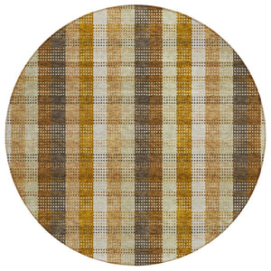 HomeRoots 5' Classic Plaid Rug in Wheat, Ivory & Brown – Durable, Washable Area Rug for Indoor & Outdoor Use 8' Round 614025
