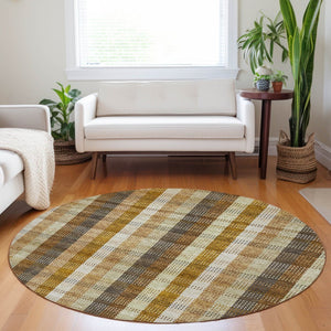 HomeRoots 5' Classic Plaid Rug in Wheat, Ivory & Brown – Durable, Washable Area Rug for Indoor & Outdoor Use 8' Round 614025