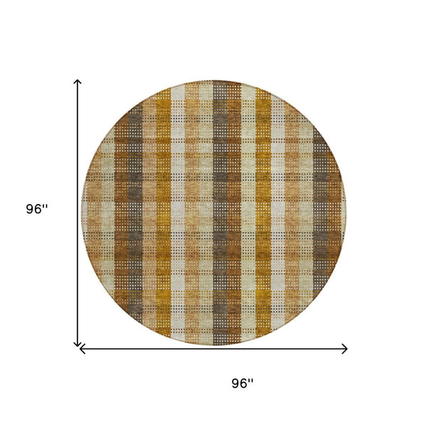 HomeRoots 5' Classic Plaid Rug in Wheat, Ivory & Brown – Durable, Washable Area Rug for Indoor & Outdoor Use 8' Round 614025