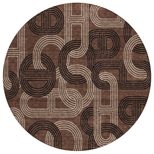 HomeRoots 5' Modern Geometric Chocolate Beige Washable Area Rug for Stylish Indoor and Outdoor Spaces 8' Round 614037