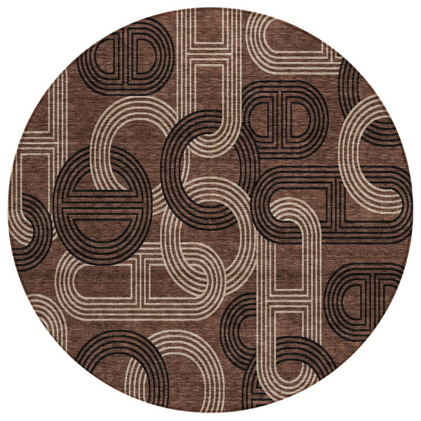 HomeRoots 5' Modern Geometric Chocolate Beige Washable Area Rug for Stylish Indoor and Outdoor Spaces 8' Round 614037