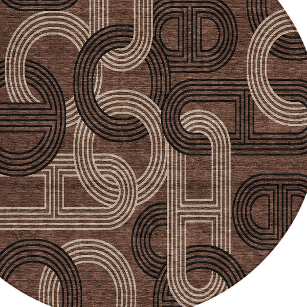 HomeRoots 5' Modern Geometric Chocolate Beige Washable Area Rug for Stylish Indoor and Outdoor Spaces 8' Round 614037