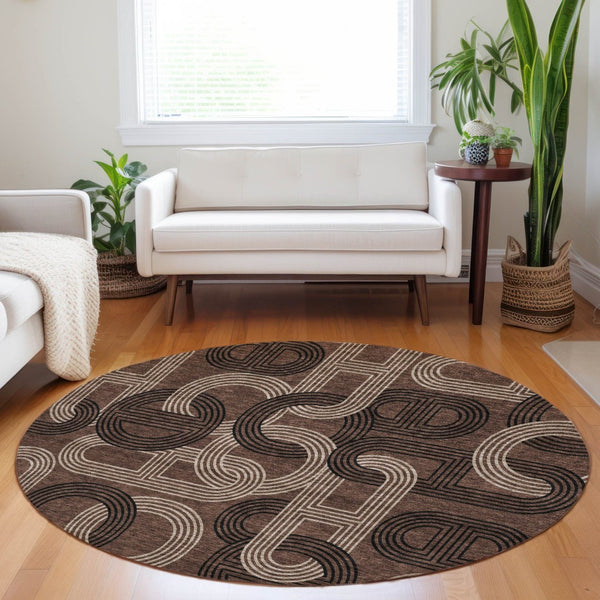 HomeRoots 5' Modern Geometric Chocolate Beige Washable Area Rug for Stylish Indoor and Outdoor Spaces 8' Round 614037