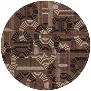 HomeRoots 5' Modern Geometric Chocolate Beige Washable Area Rug for Stylish Indoor and Outdoor Spaces 8' Round 614037
