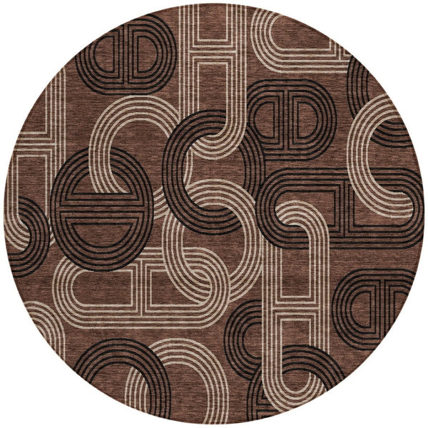 HomeRoots 5' Modern Geometric Chocolate Beige Washable Area Rug for Stylish Indoor and Outdoor Spaces 8' Round 614037